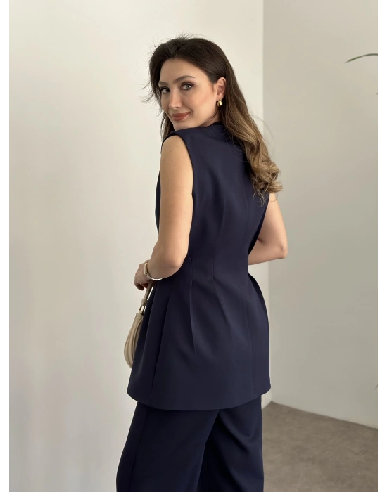 Gold düğmeli belden oturtmalı takım lacivert