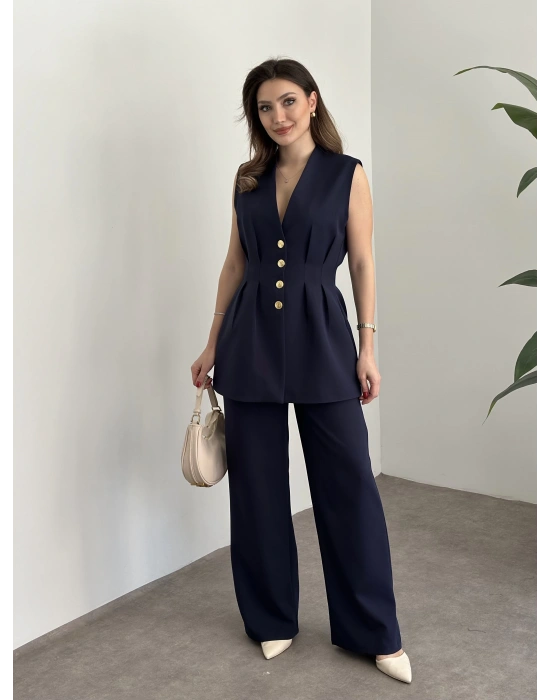 Gold düğmeli belden oturtmalı takım lacivert