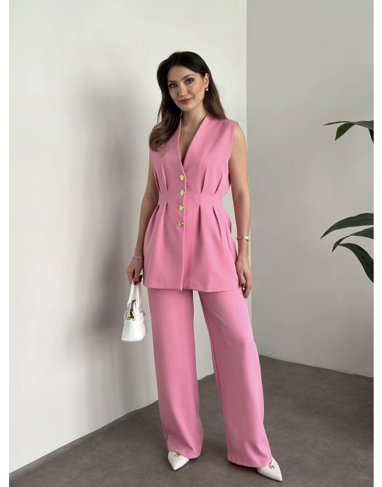 Gold düğmeli belden oturtmalı takım pembe