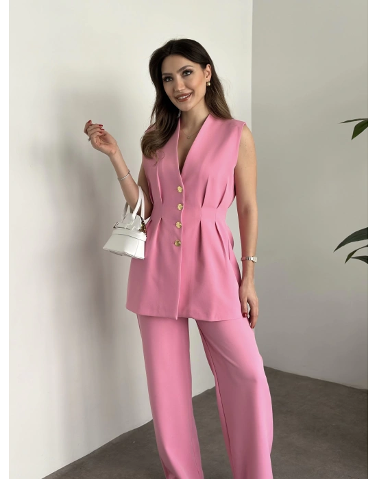 Gold düğmeli belden oturtmalı takım pembe