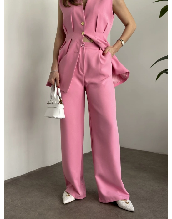 Gold düğmeli belden oturtmalı takım pembe