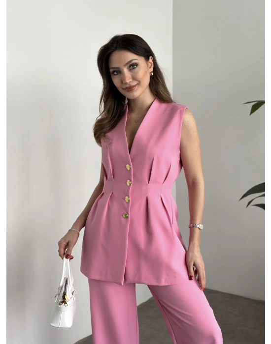 Gold düğmeli belden oturtmalı takım pembe