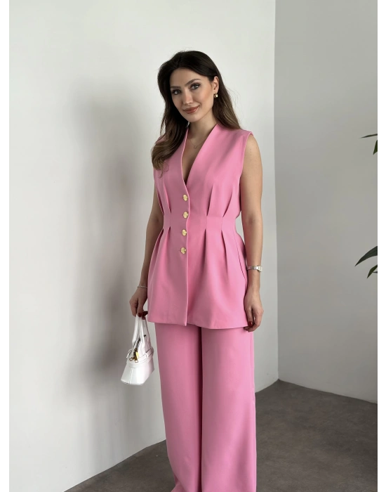 Gold düğmeli belden oturtmalı takım pembe