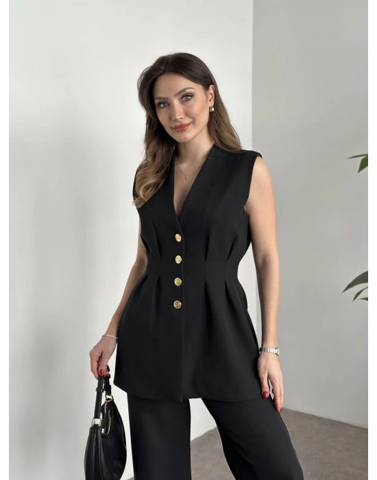 Gold düğmeli belden oturtmalı takım siyah