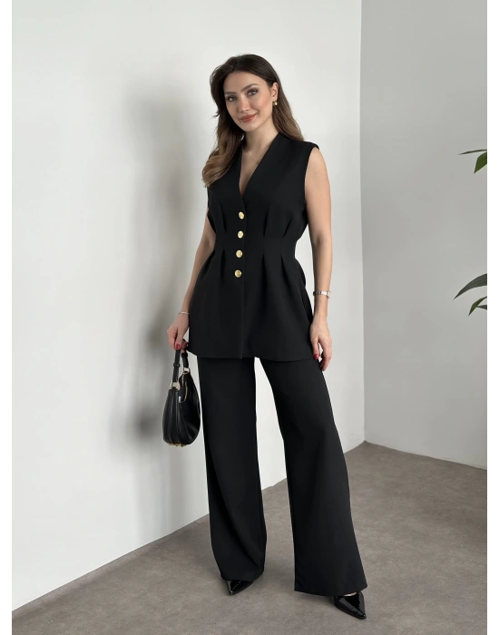 Gold düğmeli belden oturtmalı takım siyah