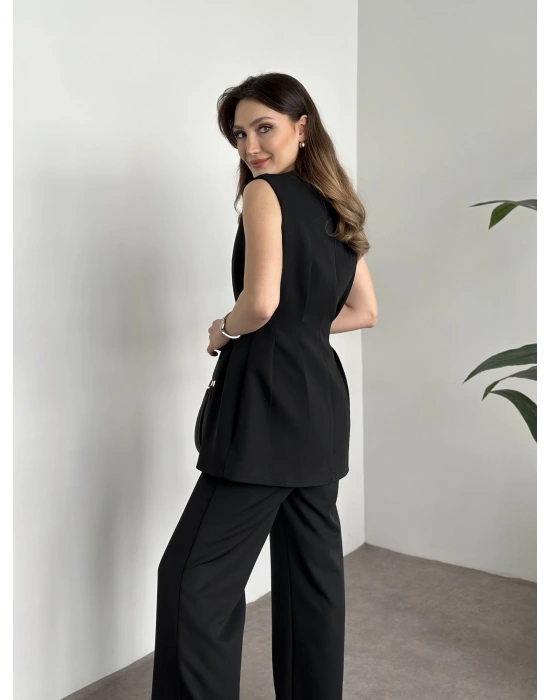 Gold düğmeli belden oturtmalı takım siyah