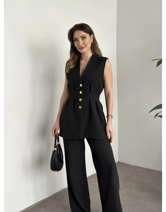 Gold düğmeli belden oturtmalı takım siyah