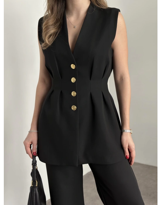 Gold düğmeli belden oturtmalı takım siyah