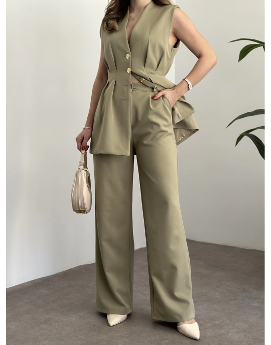 Gold düğmeli belden oturtmalı takım yeşil