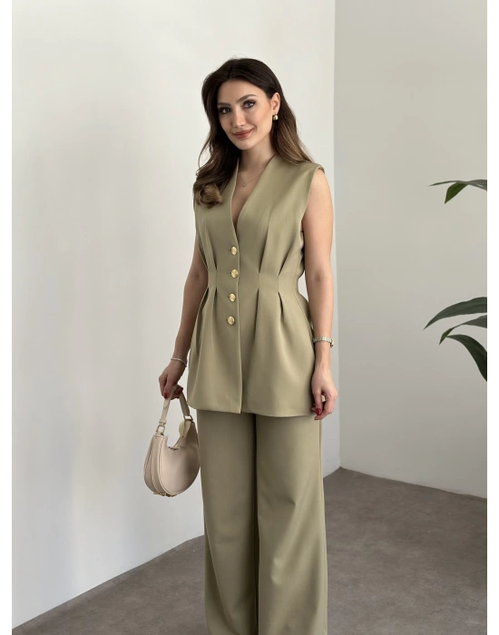 Gold düğmeli belden oturtmalı takım yeşil
