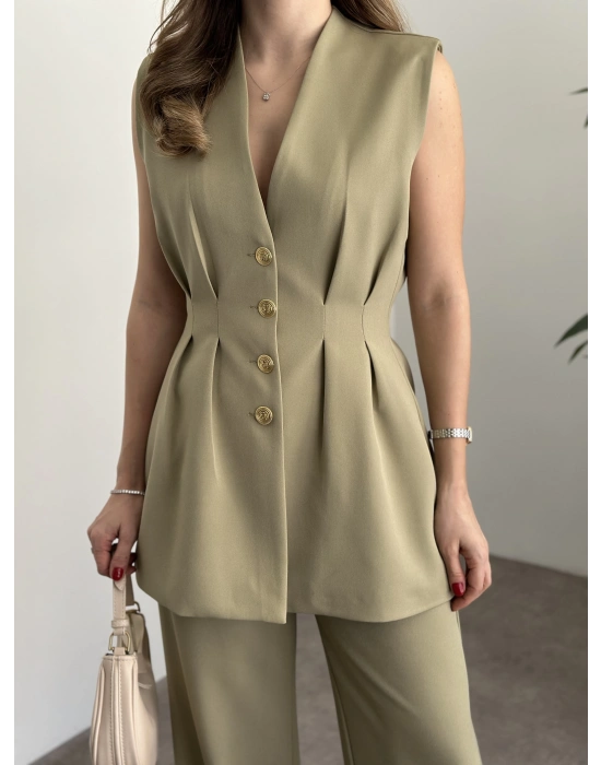 Gold düğmeli belden oturtmalı takım yeşil
