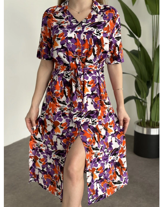 Gömlek Yaka Belinden Kuşakli Viskon Kumaş Elbise Mor Desenli