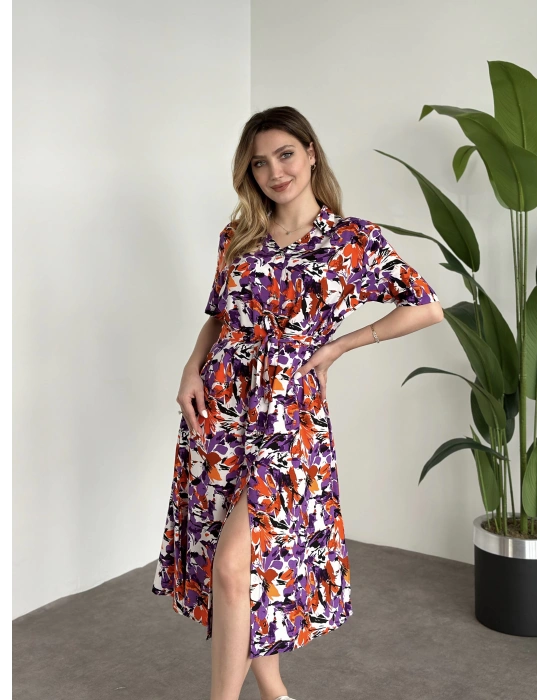 Gömlek Yaka Belinden Kuşakli Viskon Kumaş Elbise Mor Desenli