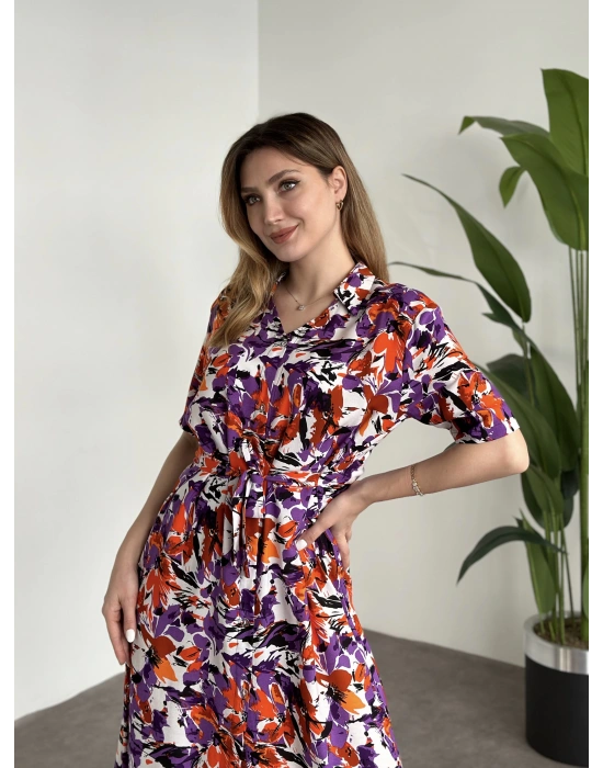 Gömlek Yaka Belinden Kuşakli Viskon Kumaş Elbise Mor Desenli