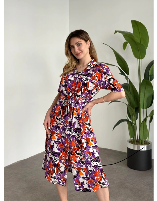 Gömlek Yaka Belinden Kuşakli Viskon Kumaş Elbise Mor Desenli