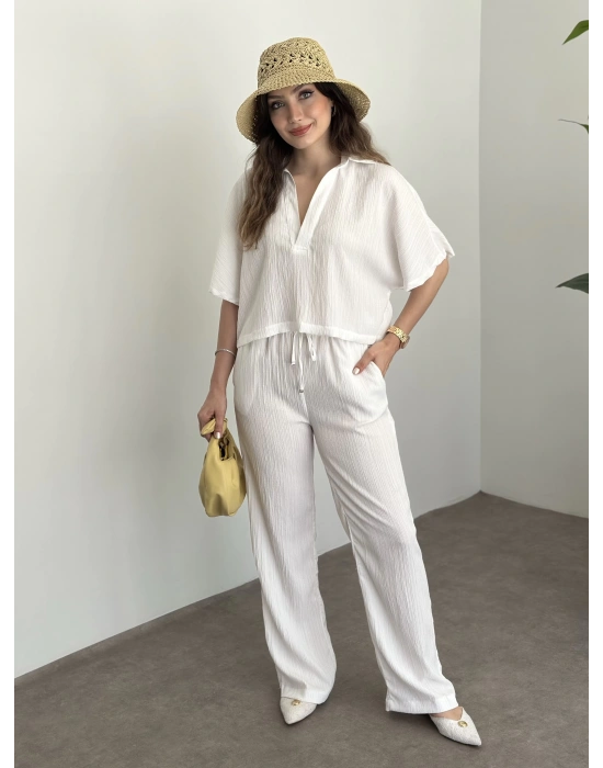 Gömlek yaka gofre kumaş takım beyaz