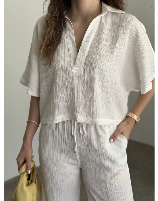 Gömlek yaka gofre kumaş takım beyaz