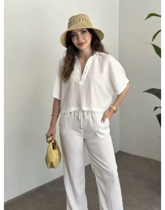 Gömlek yaka gofre kumaş takım beyaz