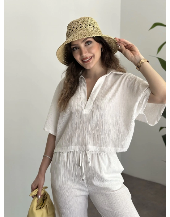 Gömlek yaka gofre kumaş takım beyaz