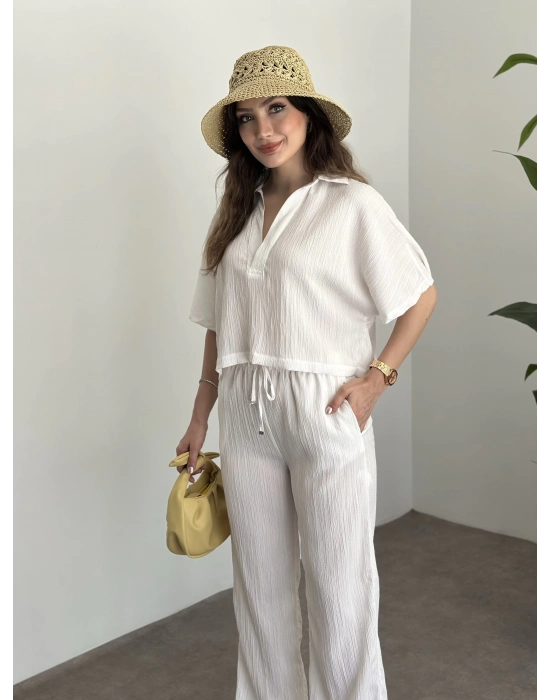 Gömlek yaka gofre kumaş takım beyaz