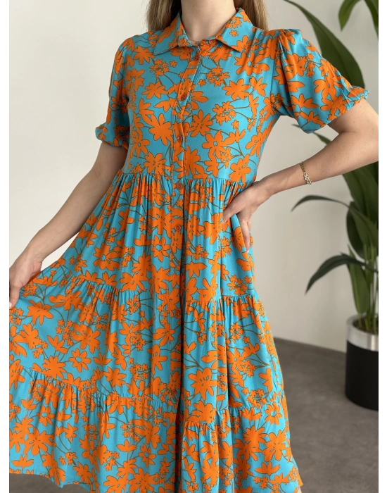 Gömlek Yaka Karpuz Kol Bol Kesim Elbise Turuncu