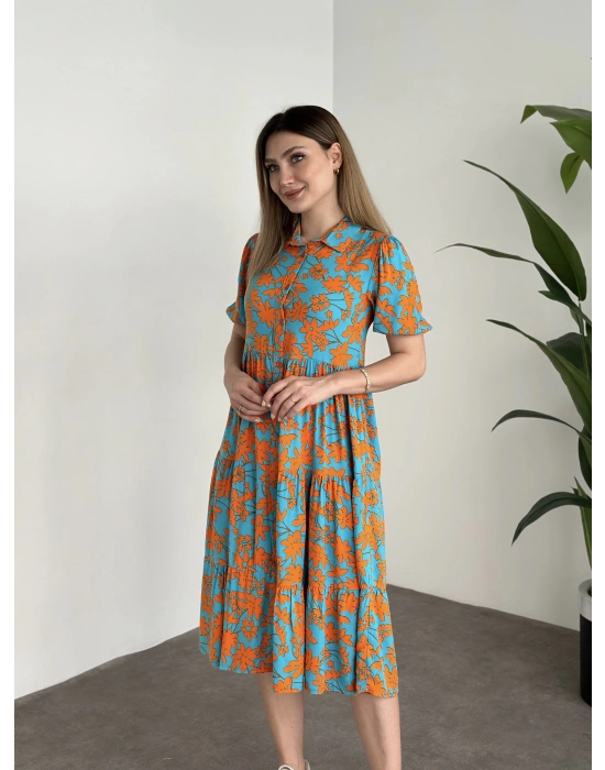 Gömlek Yaka Karpuz Kol Bol Kesim Elbise Turuncu