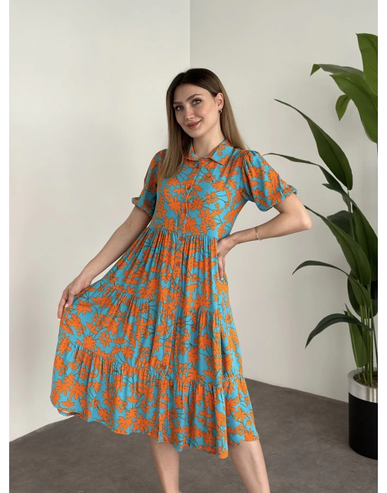 Gömlek Yaka Karpuz Kol Bol Kesim Elbise Turuncu