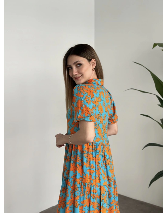 Gömlek Yaka Karpuz Kol Bol Kesim Elbise Turuncu