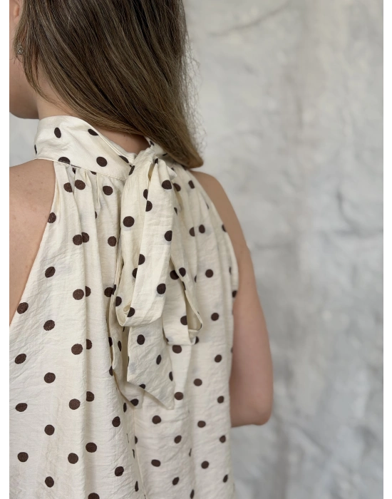 Halter yaka sırtı bağlama detaylı salaş puantiye takım krem