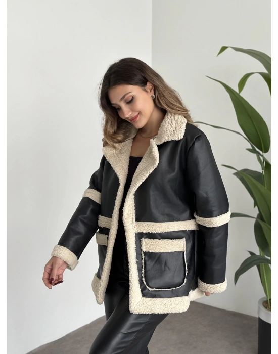 İçi Kıvırcık Peluş Uzun Deri Mont
