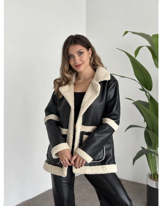 İçi Kıvırcık Peluş Uzun Deri Mont