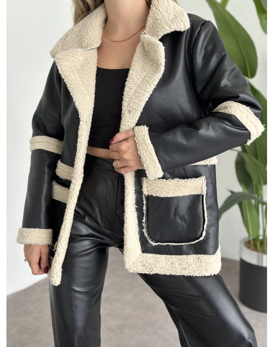 İçi Kıvırcık Peluş Uzun Deri Mont
