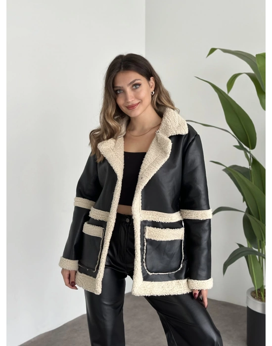 İçi Kıvırcık Peluş Uzun Deri Mont
