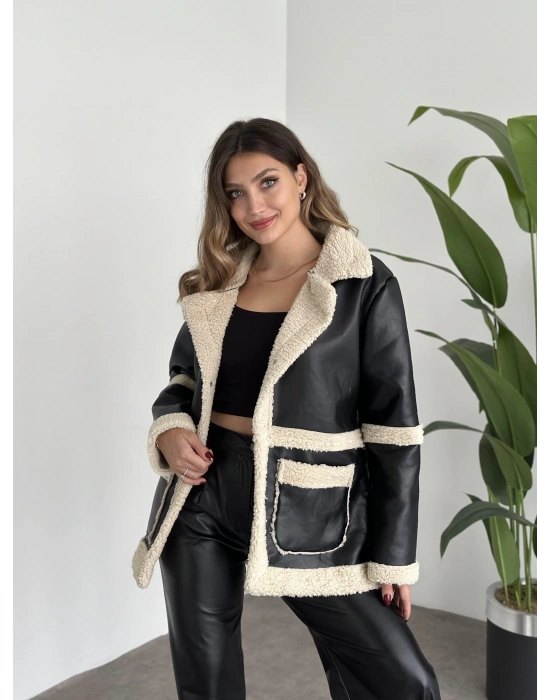 İçi Kıvırcık Peluş Uzun Deri Mont