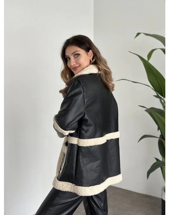 İçi Kıvırcık Peluş Uzun Deri Mont