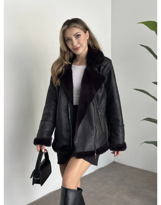 İçi tamamen kürklü lamine deri mont