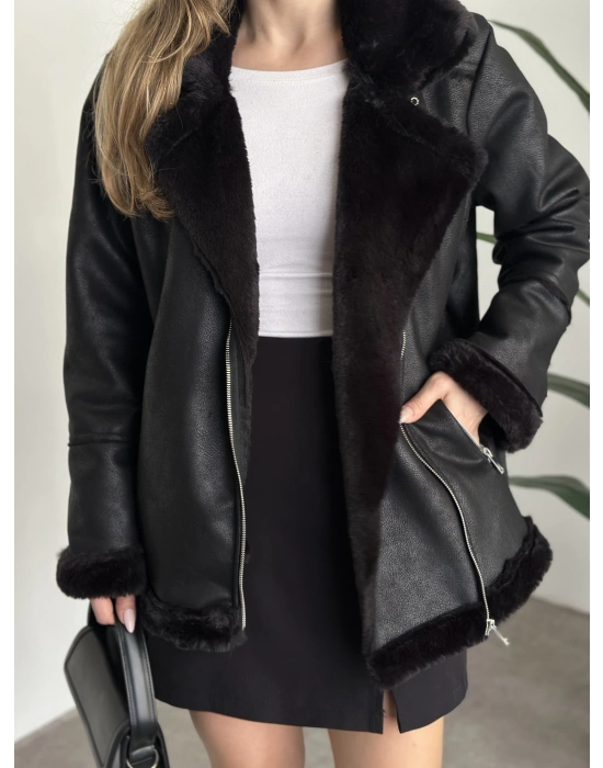 İçi tamamen kürklü lamine deri mont