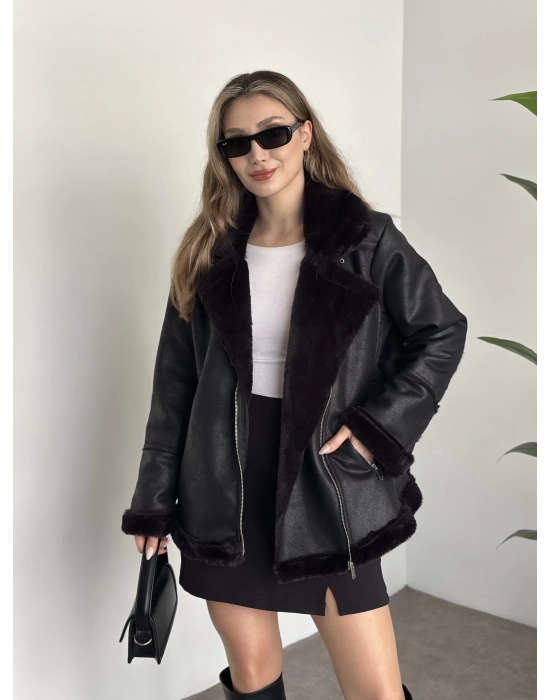 İçi tamamen kürklü lamine deri mont