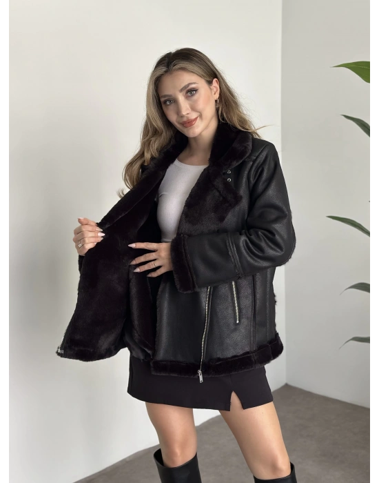 İçi tamamen kürklü lamine deri mont