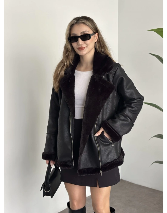 İçi tamamen kürklü lamine deri mont