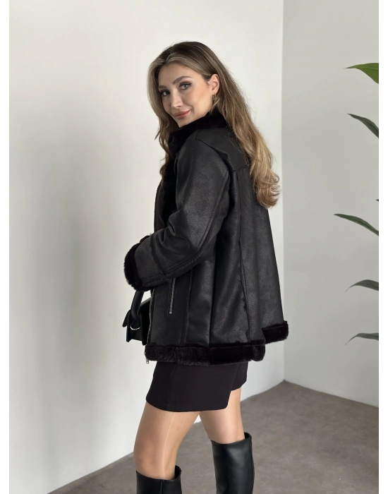 İçi tamamen kürklü lamine deri mont