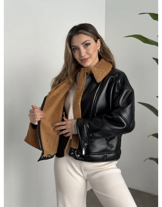 İçi tamamen peluş peluş yumuşak deri fermuarlı mont kahve