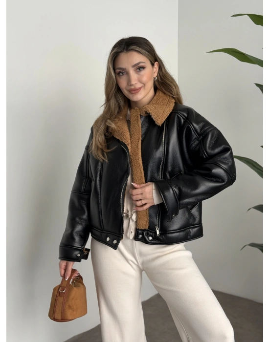 İçi tamamen peluş peluş yumuşak deri fermuarlı mont kahve