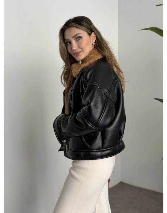 İçi tamamen peluş peluş yumuşak deri fermuarlı mont kahve