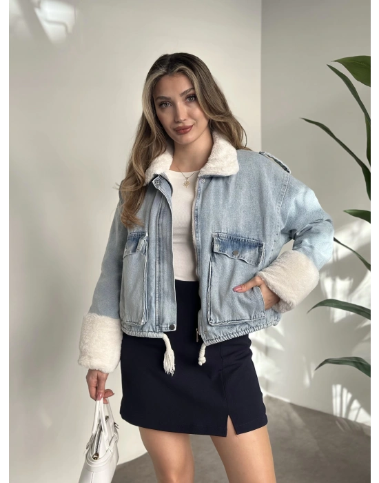 İçi ve yakası tamamen peluş kot mont