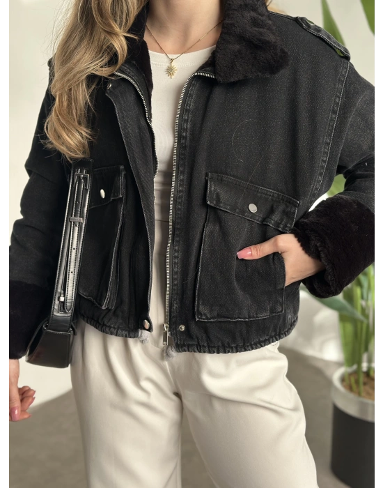 İçi ve yakası tamamen peluş kot mont siyah