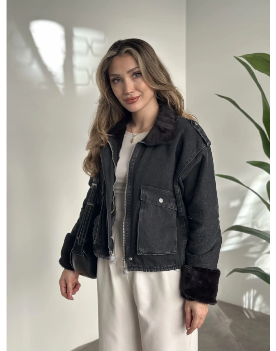 İçi ve yakası tamamen peluş kot mont siyah