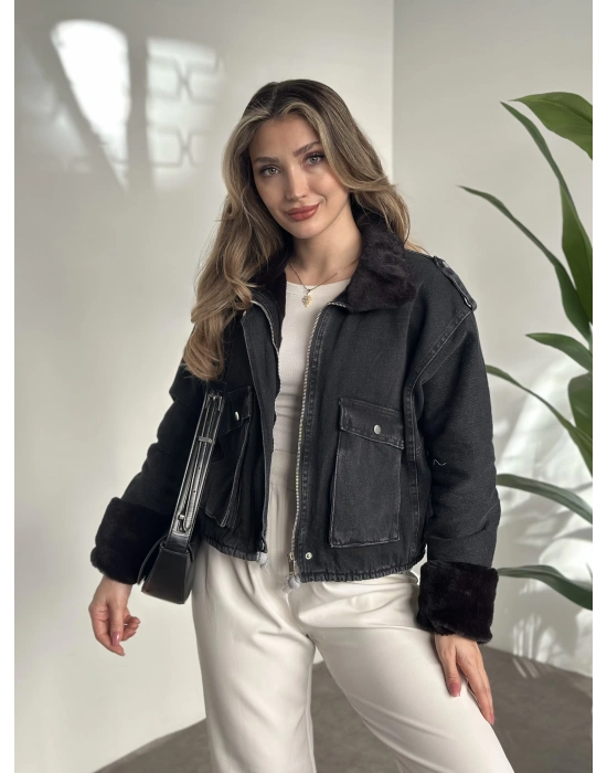 İçi ve yakası tamamen peluş kot mont siyah