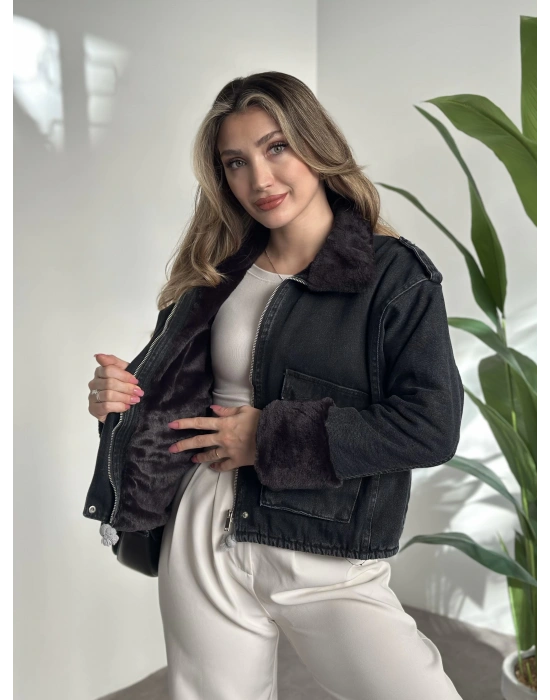 İçi ve yakası tamamen peluş kot mont siyah