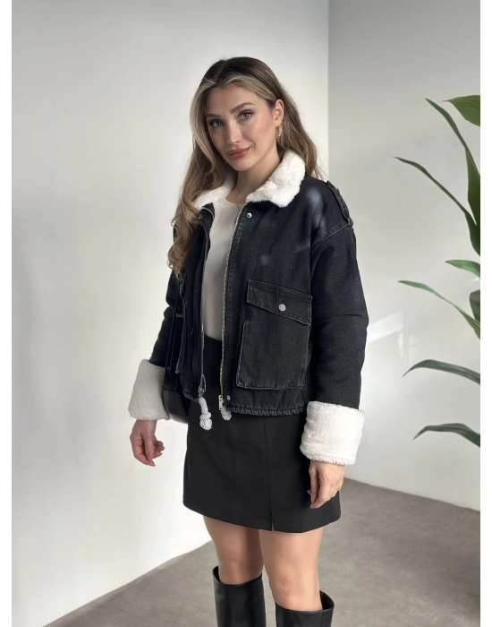 İçi ve yakası tamamen peluş kot mont siyah beyaz